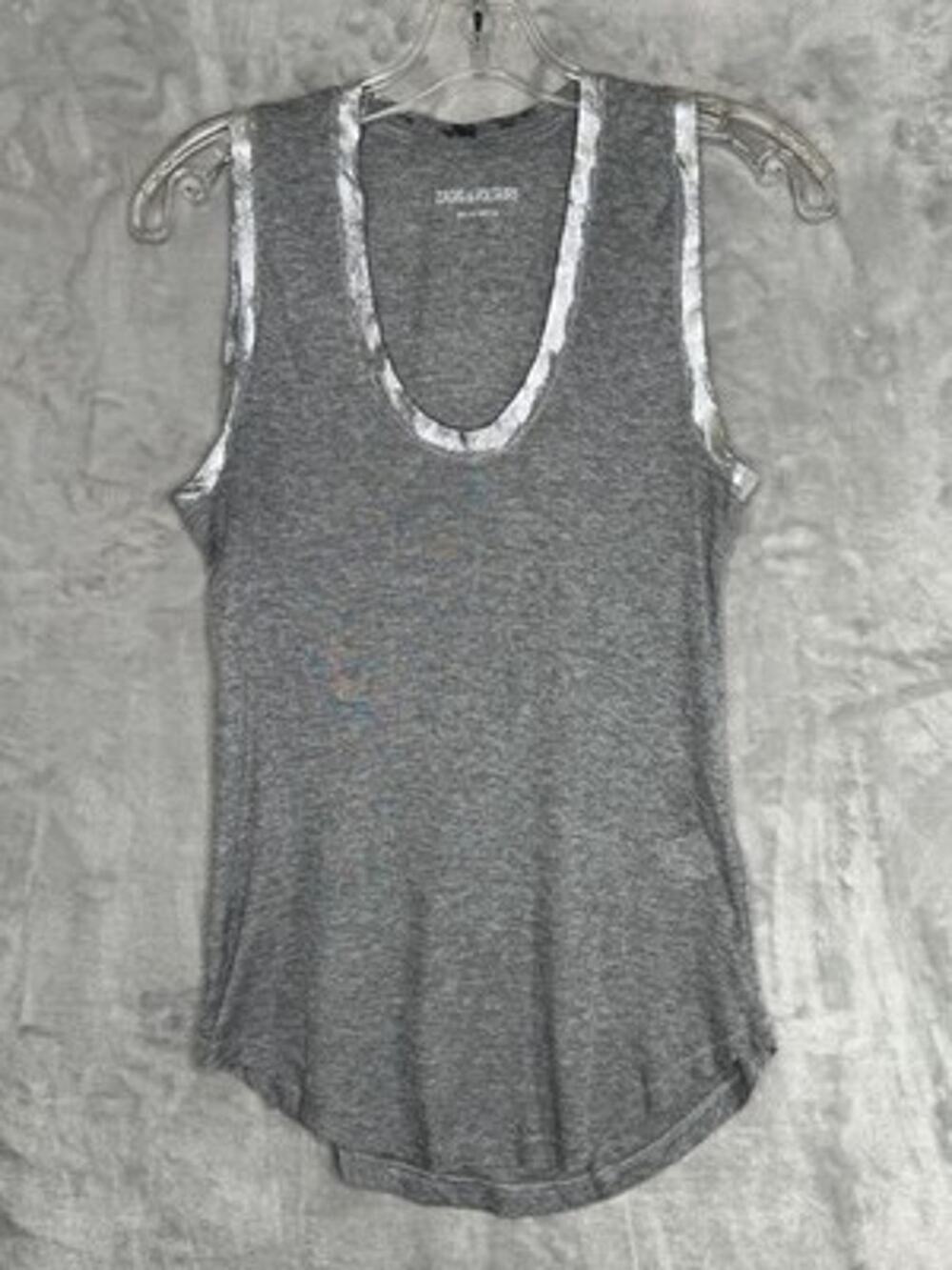 Zadig & Voltaire Tank Top Womens Small Heather Gray Foil Trim Modal Scoop Neck